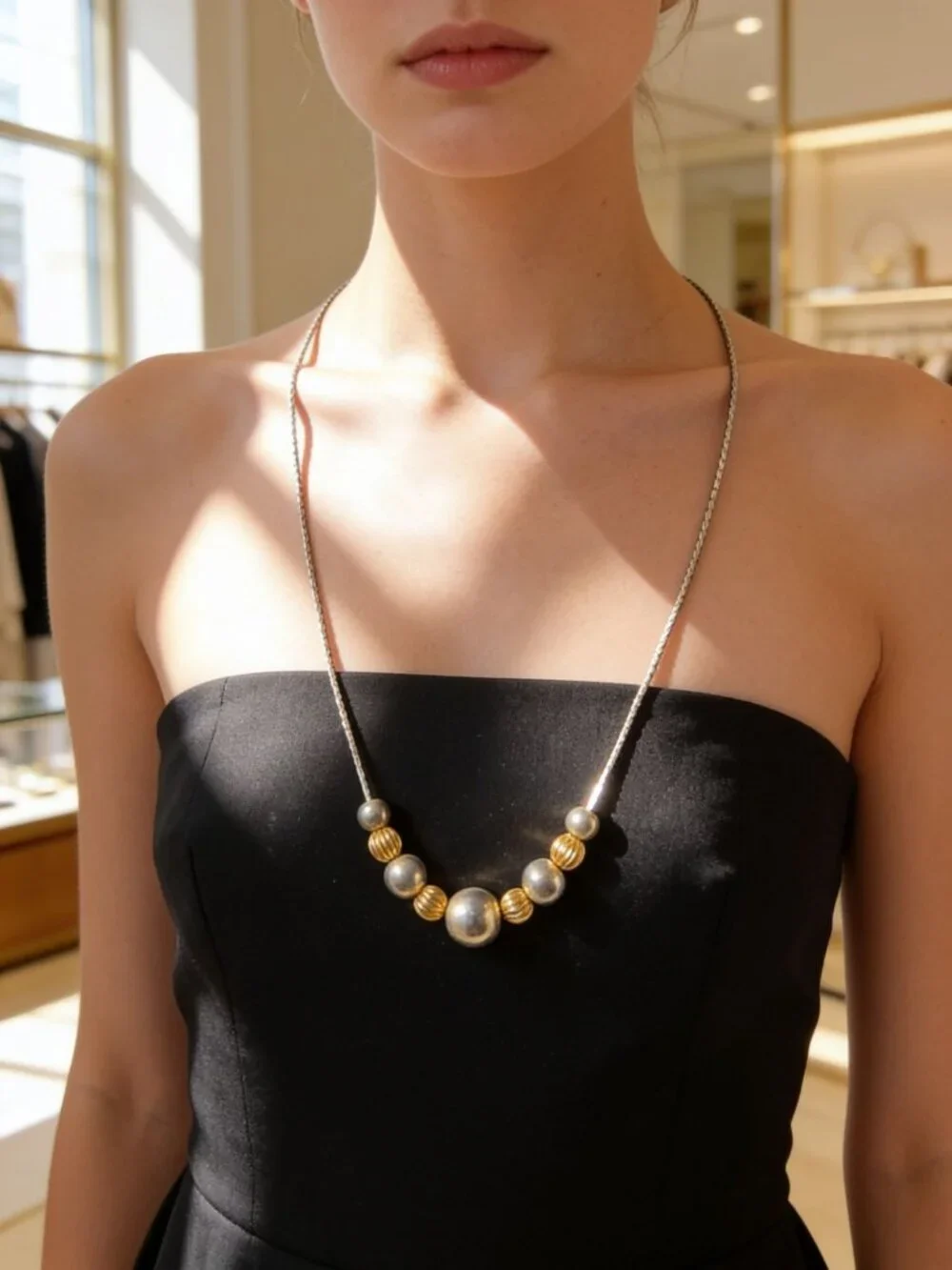 vintage gold and silver tone round metal bead piama style chain necklace
